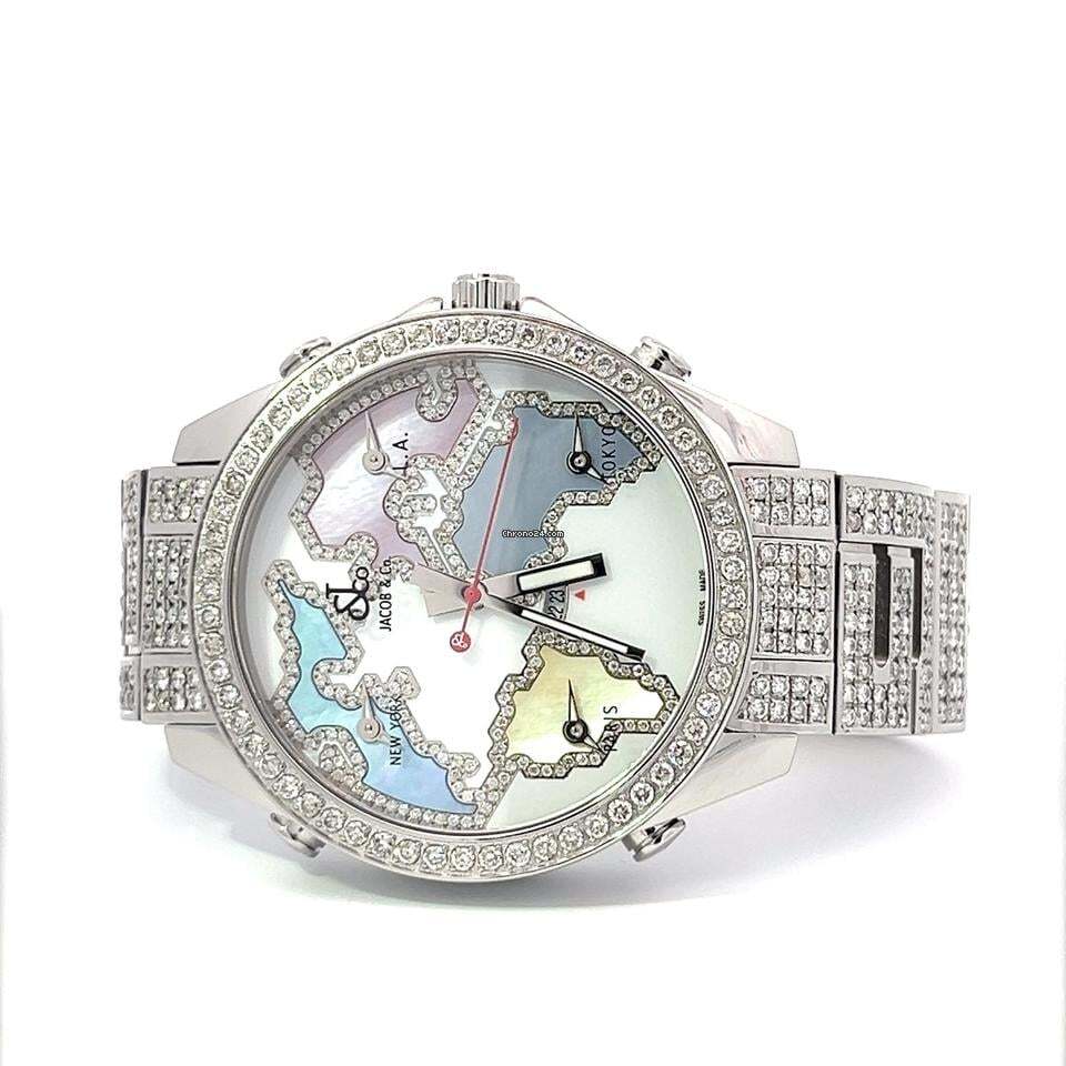 Jacob & Co. Five Time Zone Quartz Men's Watch With Steel Case and Strap Authentic Luxury Timepiece