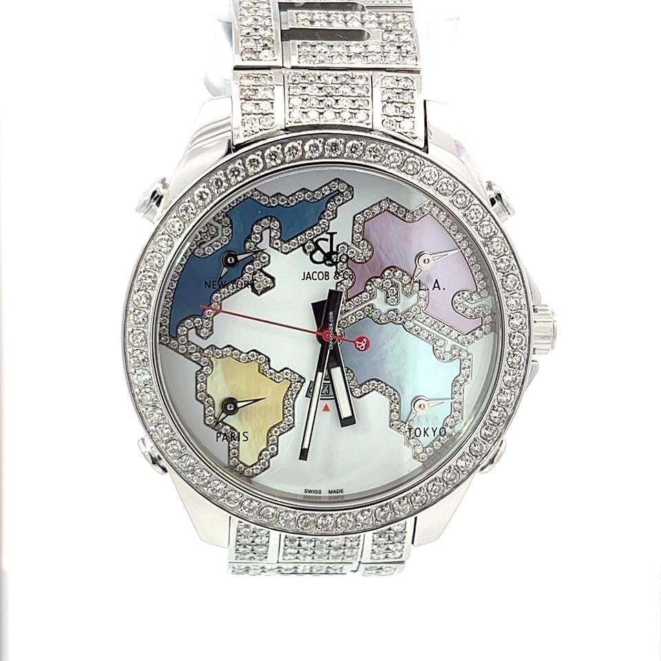 Jacob & Co. Five Time Zone Quartz Men's Watch With Steel Case and Strap Authentic Luxury Timepiece