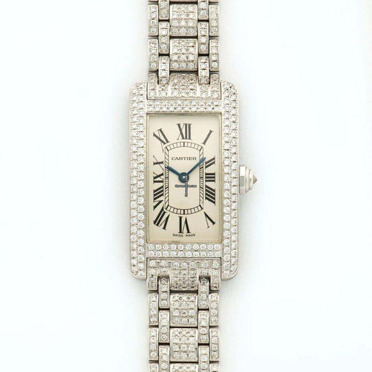 Cartier Tank Américaine Quartz Women's Watch With White Gold Case and Strap Authentic Luxury Timepiece