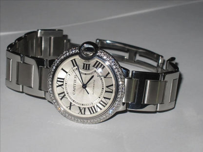 Cartier Ballon Bleu 33mm Automatic Women's Watch With Steel Strap Case Authentic Luxury Timepiece