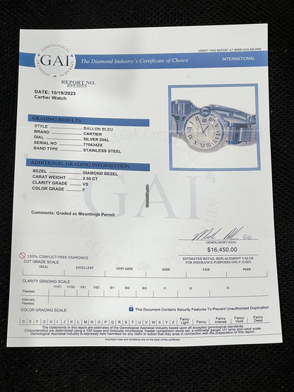 Cartier Ballon Bleu 33mm Automatic Women's Watch With Steel Strap Case Authentic Luxury Timepiece