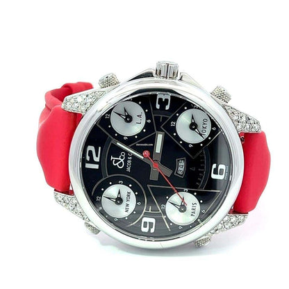 Jacob & Co. Five Time Zone Quartz Men's Watch Steel Case With Leather Strap Authentic Luxury Timepiece