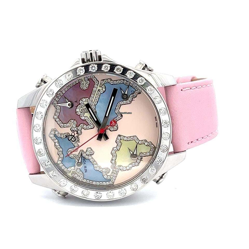 Jacob & Co. Five Time Zone Quartz Women's Watch Steel Case With Leather Strap Authentic Luxury Timepiece