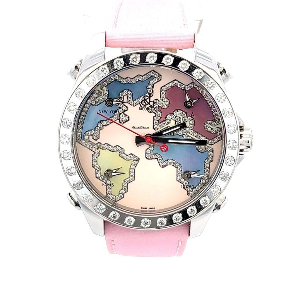 Jacob & Co. Five Time Zone Quartz Women's Watch Steel Case With Leather Strap Authentic Luxury Timepiece