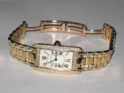 Cartier Tank Américaine Quartz Women's Watch With Yellow Gold Case and Strap Authentic Luxury Timepiece