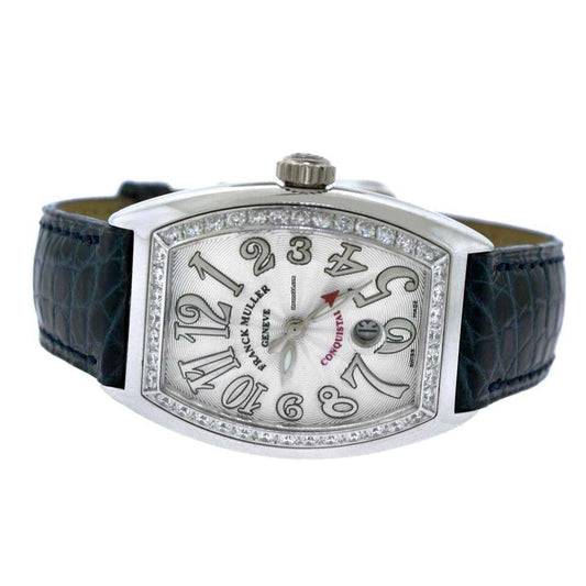 Franck Muller Conquistador Automatic Women's Watch White Gold Case With Leather Strap Authentic Luxury Timepiece