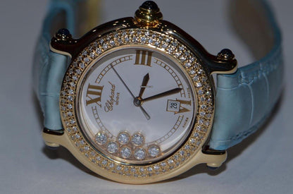 Chopard Happy Sport Quartz Women's Watch Yellow Gold Case With Leather Strap Authentic Luxury Timepiece