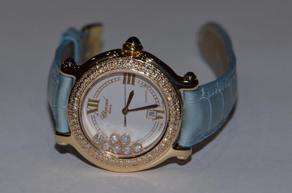 Chopard Happy Sport Quartz Women's Watch Yellow Gold Case With Leather Strap Authentic Luxury Timepiece