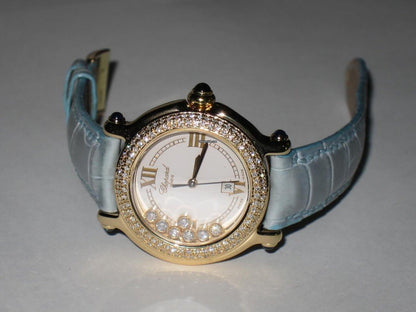 Chopard Happy Sport Quartz Women's Watch Yellow Gold Case With Leather Strap Authentic Luxury Timepiece