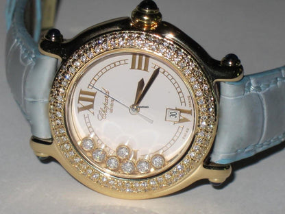 Chopard Happy Sport Quartz Women's Watch Yellow Gold Case With Leather Strap Authentic Luxury Timepiece