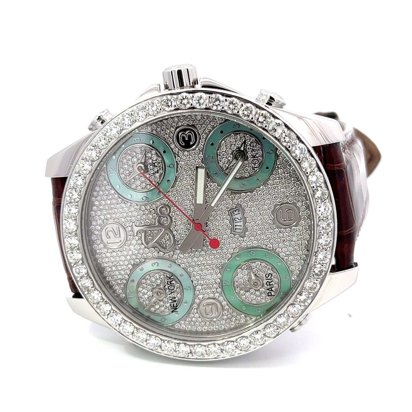 Men's Jacob 5 Time Zone Quartz Steel Case With Leather Strap Authentic Luxury Timepiece