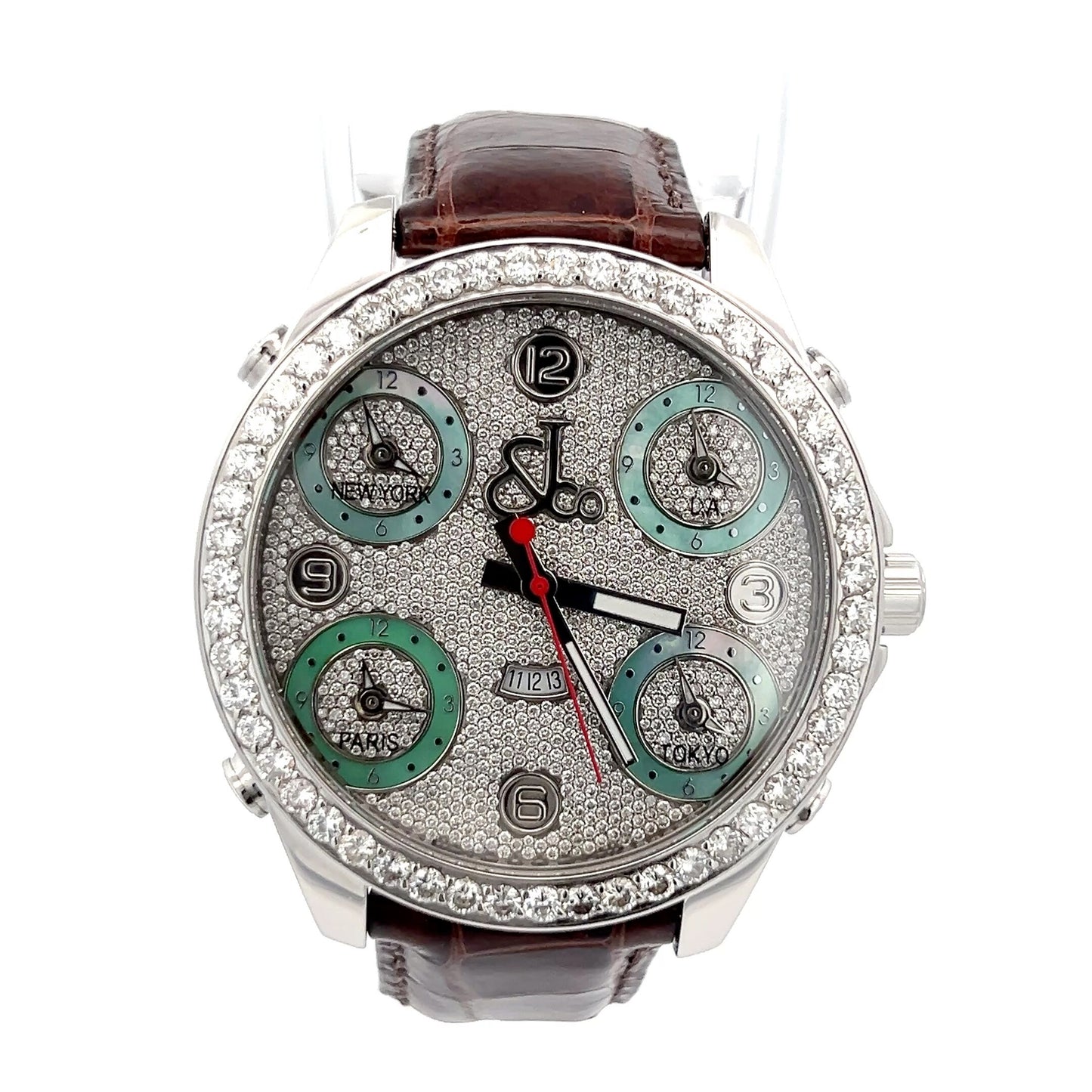 Men's Jacob 5 Time Zone Quartz Steel Case With Leather Strap Authentic Luxury Timepiece