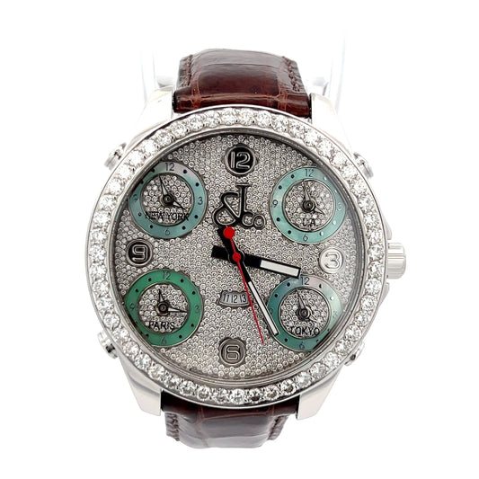 Men's Jacob 5 Time Zone Quartz Steel Case With Leather Strap Authentic Luxury Timepiece