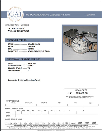 Cartier Ballon Bleu Automatic Men's Steel Case With 18K Rose Gold / Steel Strap Authentic Luxury Timepiece