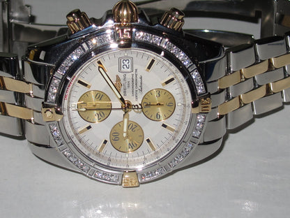 Mens Breitling Chronomat Evolution Chronograph 18K Yellow Gold / Steel Diamond Watch