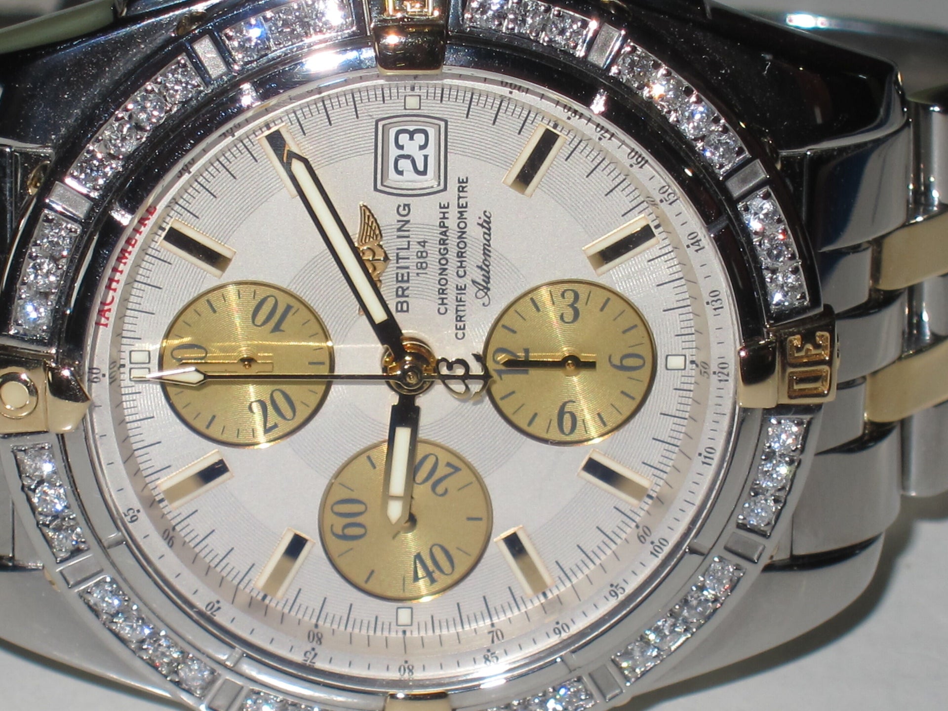 Mens Breitling Chronomat Evolution Chronograph 18K Yellow Gold / Steel Diamond Watch