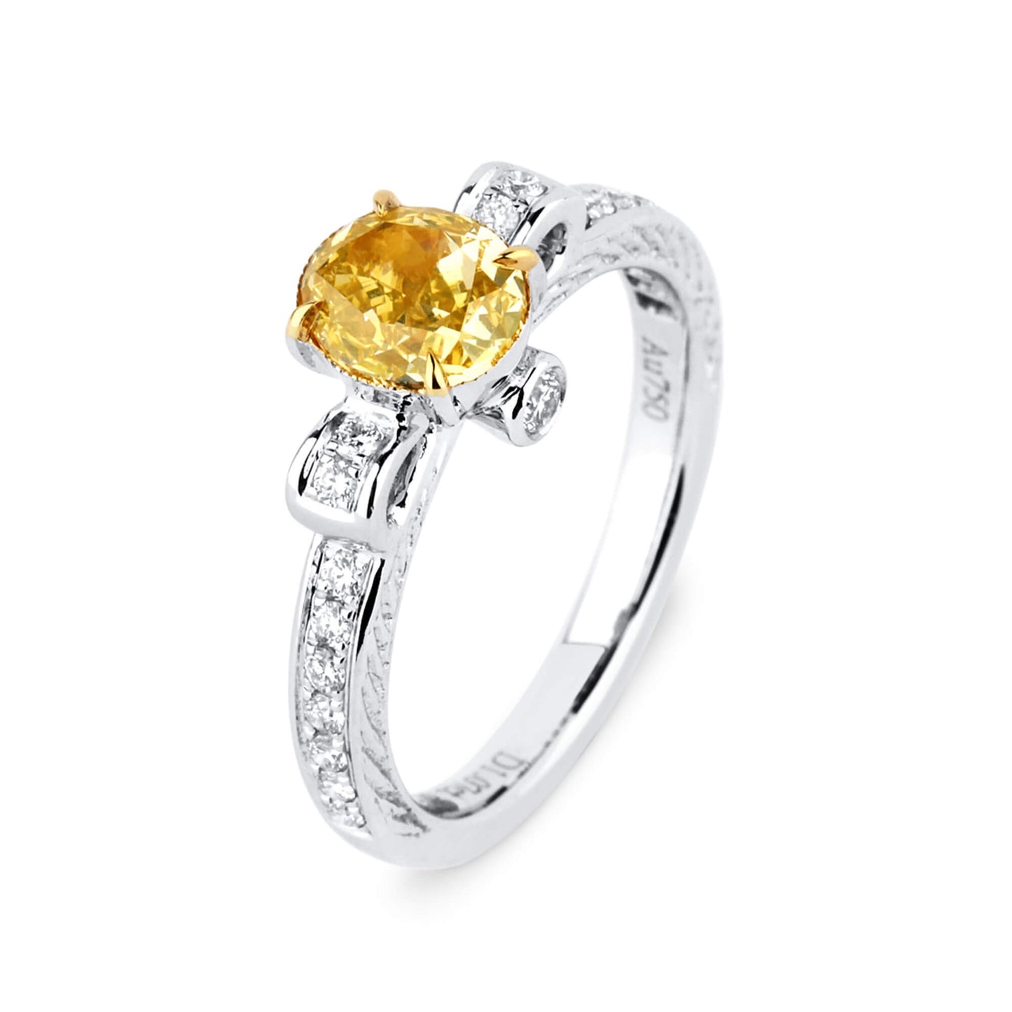 18K White Gold Statement Ring With 1.07 TCW Yellow Oval Shape Natural Diamond, GIA Certified
