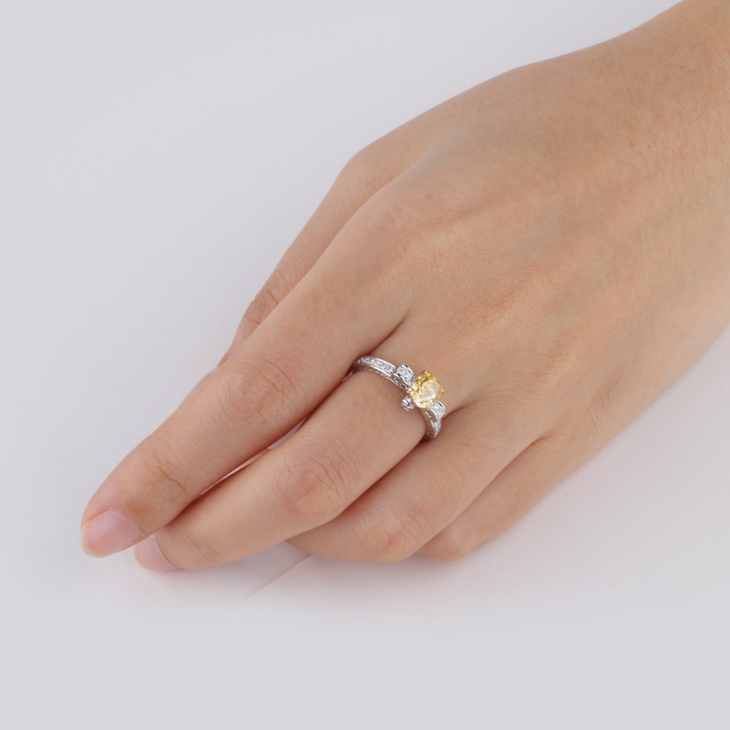 18K White Gold Statement Ring With 1.07 TCW Yellow Oval Shape Natural Diamond, GIA Certified