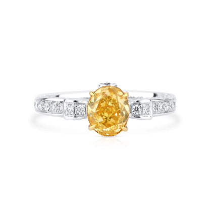 18K White Gold Statement Ring With 1.07 TCW Yellow Oval Shape Natural Diamond, GIA Certified