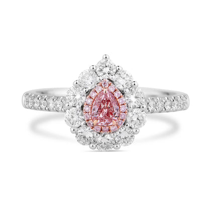 18K White Gold Statement Ring With 0.20 TCW Pink Pear Shape Natural Diamond, GIA Certified
