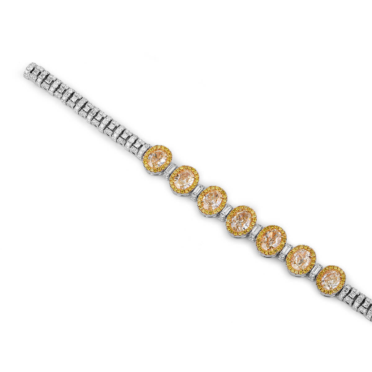 18K White Gold Statement Bracelet With 7.08 TCW Yellow Oval Shape Natural Diamond, EG_LAB Certified