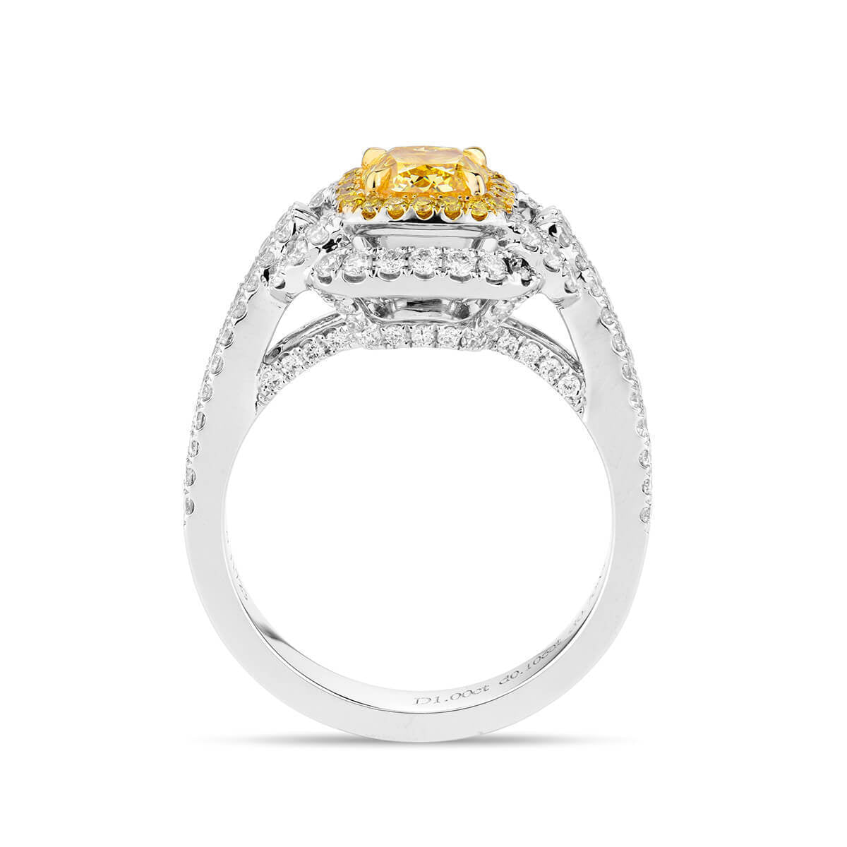 18K White Gold Statement Ring With 1.00 TCW Yellow Cushion Shape Natural Diamond, GIA Certified