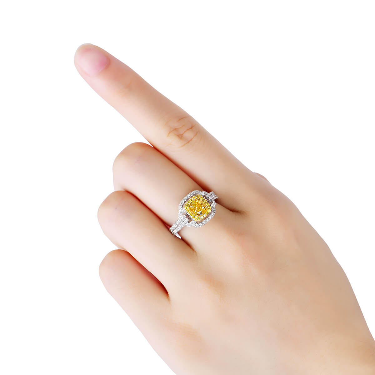 18K White Gold Statement Ring With 1.00 TCW Yellow Cushion Shape Natural Diamond, GIA Certified