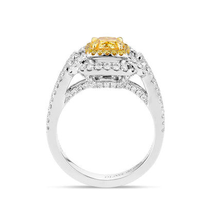 18K White Gold Statement Ring With 1.00 TCW Yellow Cushion Shape Natural Diamond, GIA Certified