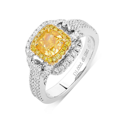 18K White Gold Statement Ring With 1.00 TCW Yellow Cushion Shape Natural Diamond, GIA Certified