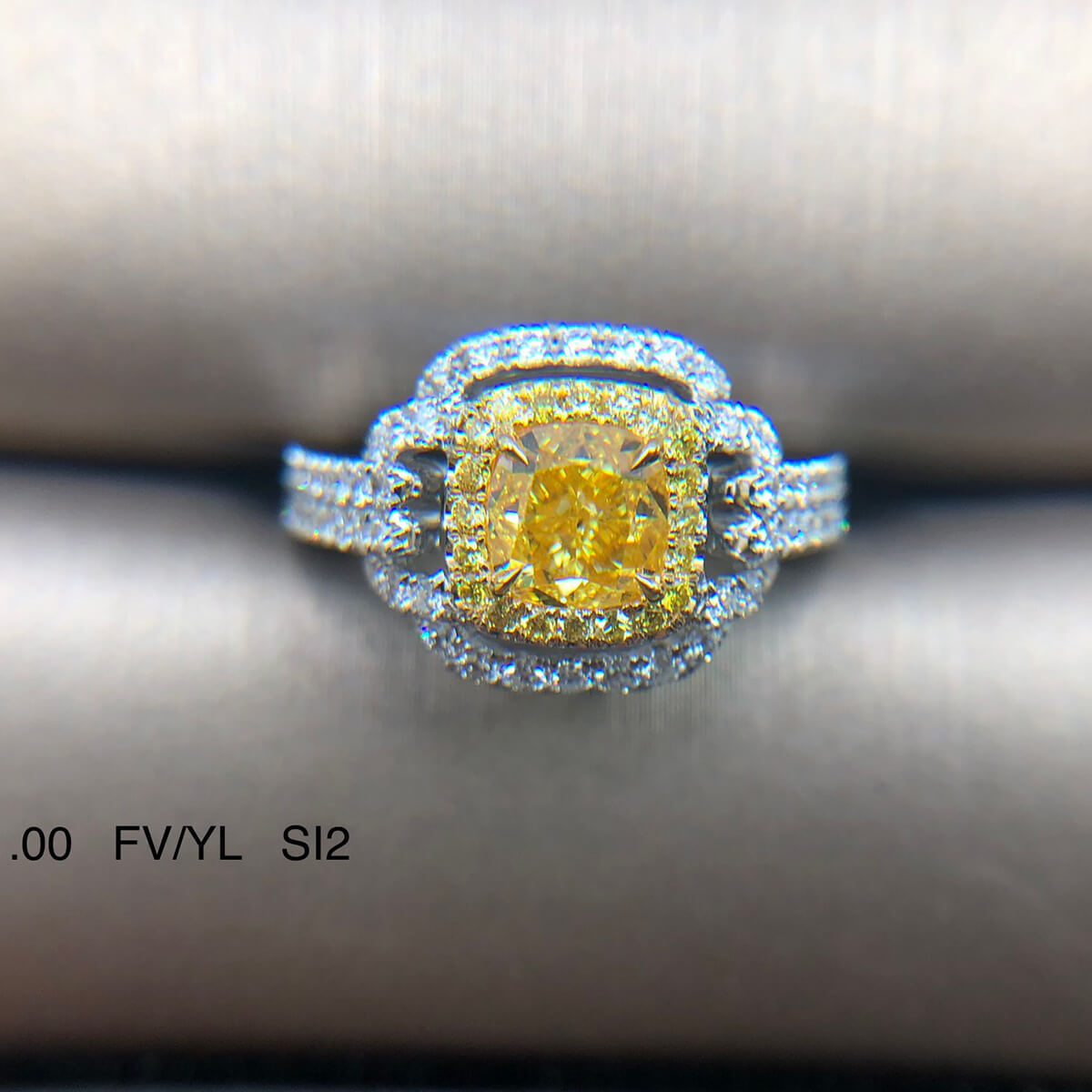18K White Gold Statement Ring With 1.00 TCW Yellow Cushion Shape Natural Diamond, GIA Certified