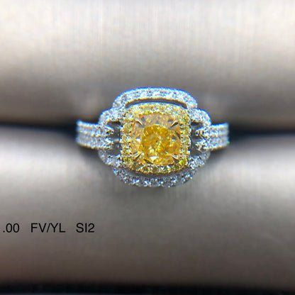 18K White Gold Statement Ring With 1.00 TCW Yellow Cushion Shape Natural Diamond, GIA Certified