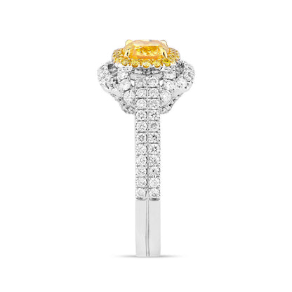 18K White Gold Statement Ring With 1.00 TCW Yellow Cushion Shape Natural Diamond, GIA Certified
