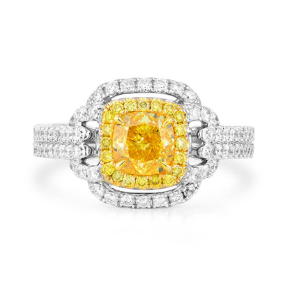 18K White Gold Statement Ring With 1.00 TCW Yellow Cushion Shape Natural Diamond, GIA Certified