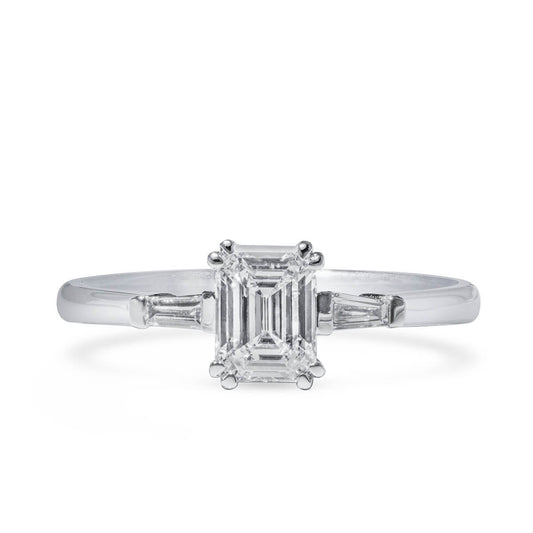 18K White Gold Statement Ring With 0.75 TCW Emerald Shape Natural Diamond, GIA Certified