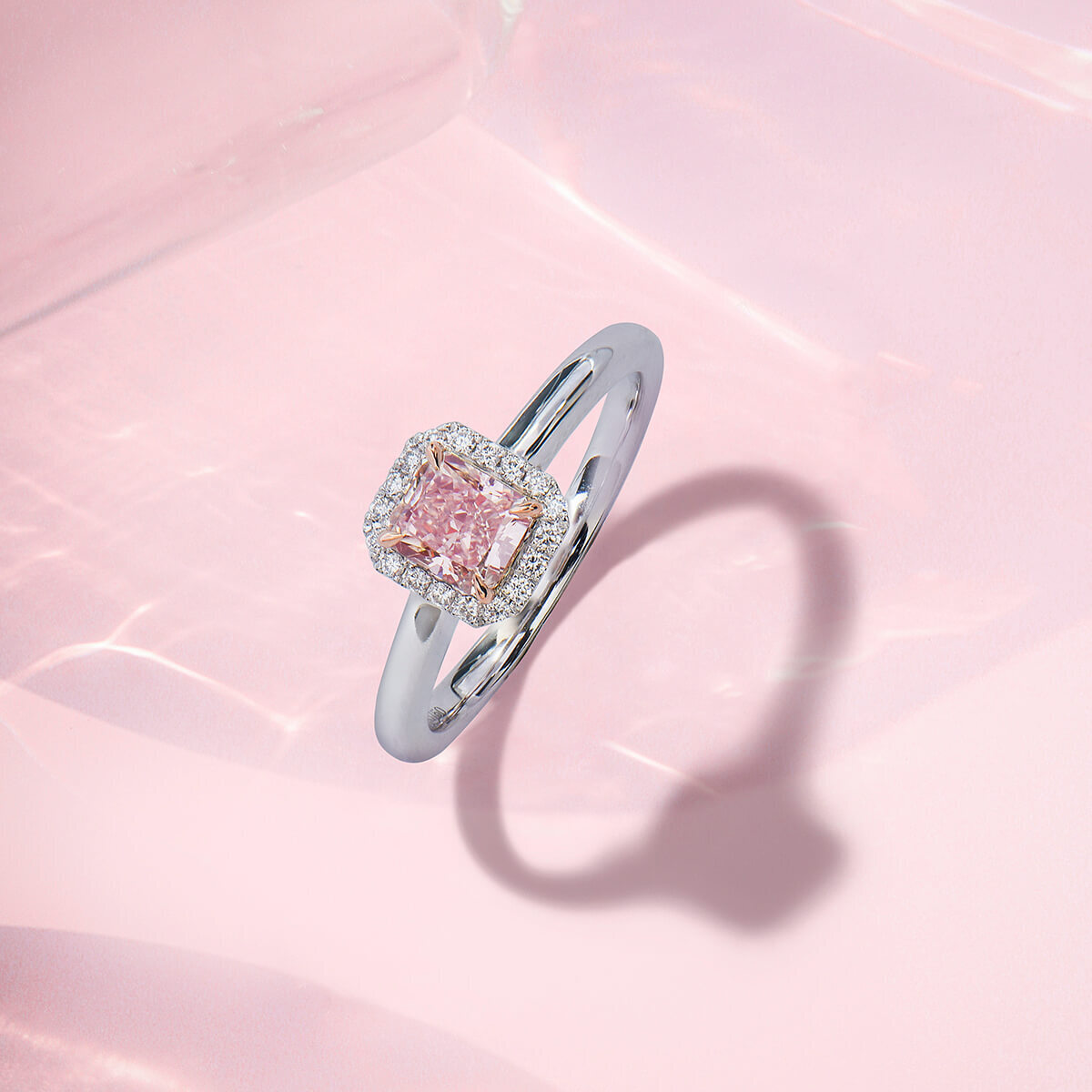 18K White Gold Statement Ring With 0.66 TCW Pink Radiant Shape Natural Diamond, GIA Certified