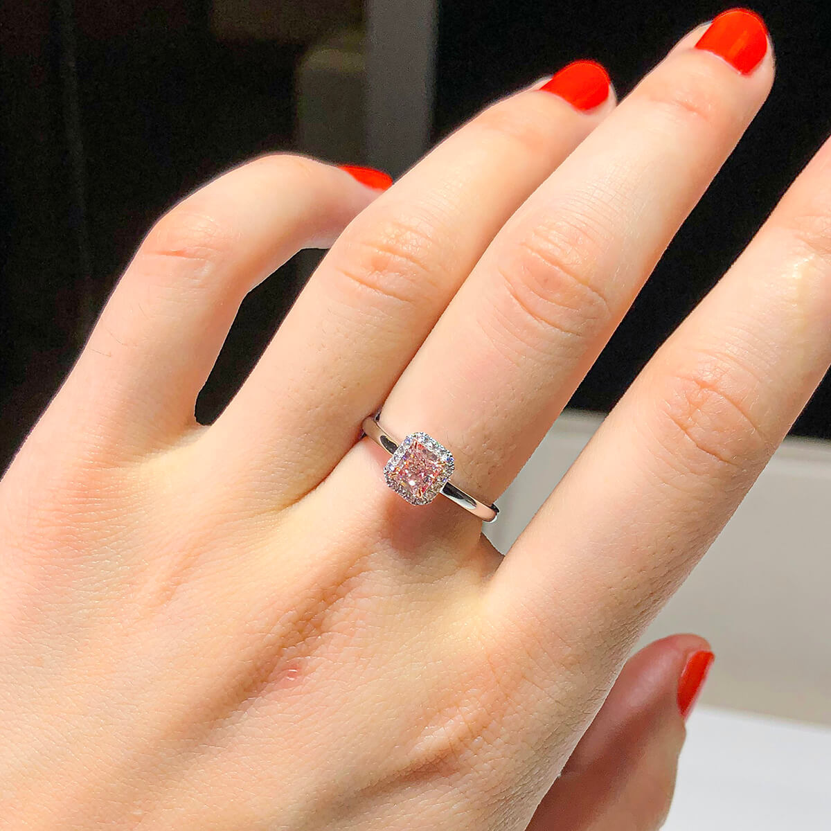 18K White Gold Statement Ring With 0.66 TCW Pink Radiant Shape Natural Diamond, GIA Certified