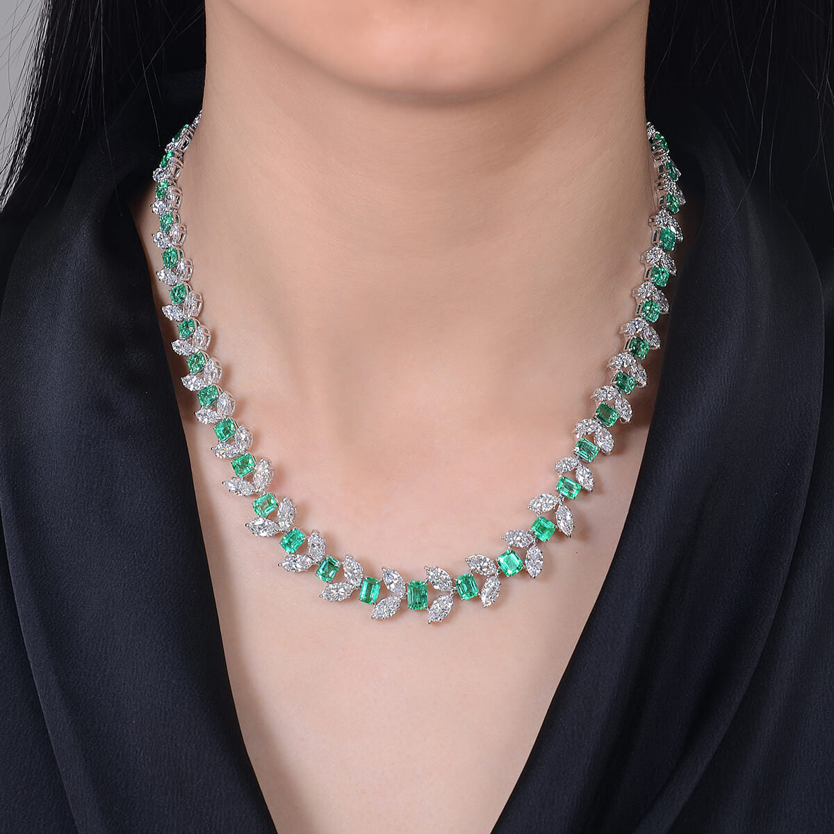 18K White Gold Statement Necklace With 20.59 TCW Octagonal Shape Natural Emerald, GRS Certified