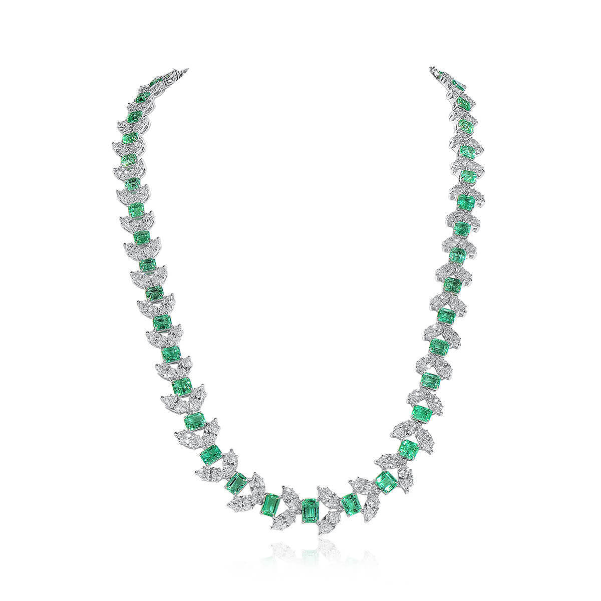 18K White Gold Statement Necklace With 20.59 TCW Octagonal Shape Natural Emerald, GRS Certified