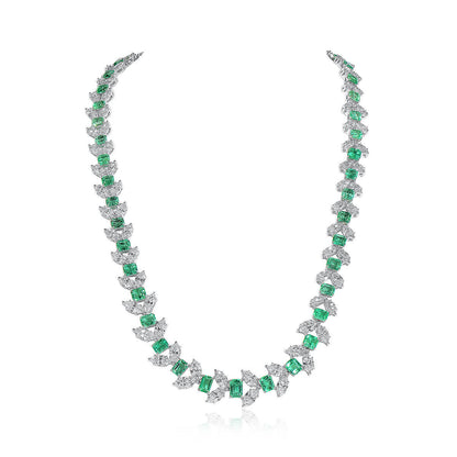 18K White Gold Statement Necklace With 20.59 TCW Octagonal Shape Natural Emerald, GRS Certified