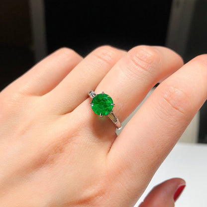18K White Gold Statement Ring With 2.05 TCW Round Shape Natural Emerald, GRS Certified