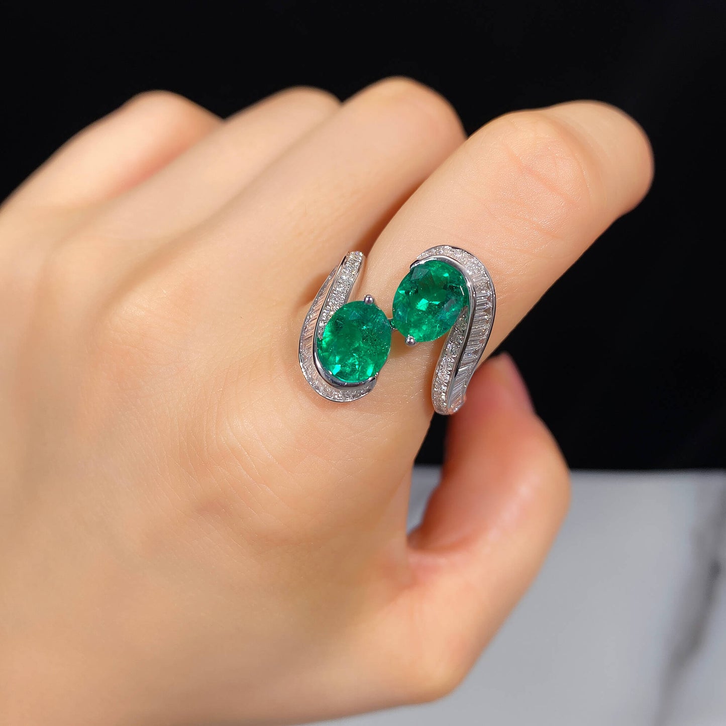 18K White Gold Statement Ring With 2.22 TCW Oval Shape Natural Emerald, GRS Certified