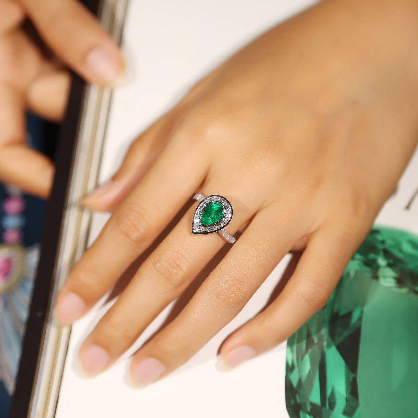 18K White Gold Statement Ring With 1.45 TCW Pear Shape Natural Emerald, GRS Certified