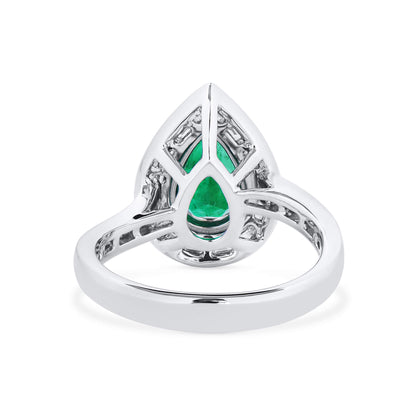 18K White Gold Statement Ring With 1.45 TCW Pear Shape Natural Emerald, GRS Certified