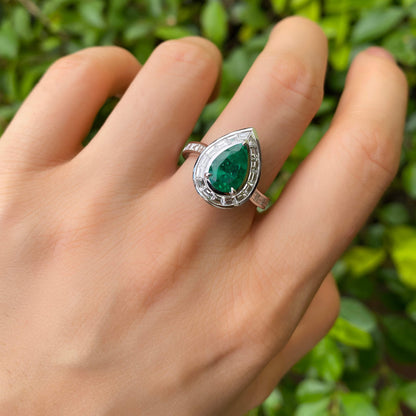 18K White Gold Statement Ring With 1.45 TCW Pear Shape Natural Emerald, GRS Certified