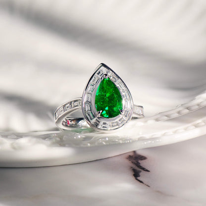18K White Gold Statement Ring With 1.45 TCW Pear Shape Natural Emerald, GRS Certified