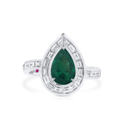 18K White Gold Statement Ring With 1.45 TCW Pear Shape Natural Emerald, GRS Certified