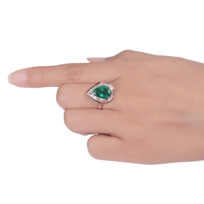 18K White Gold Statement Ring With 3.40 TCW Pear Shape Natural Emerald, GRS Certified