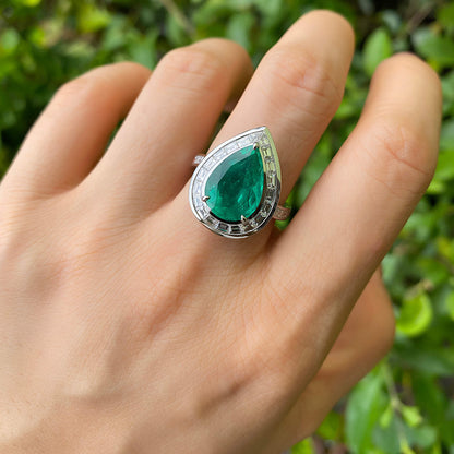 18K White Gold Statement Ring With 3.40 TCW Pear Shape Natural Emerald, GRS Certified