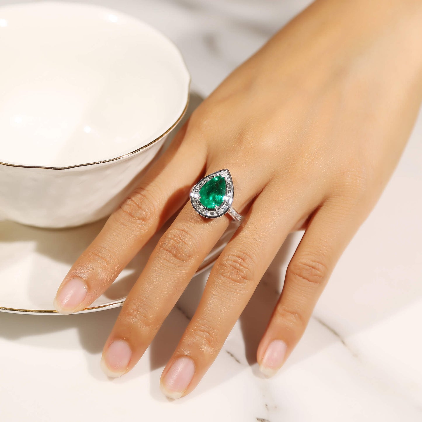 18K White Gold Statement Ring With 3.40 TCW Pear Shape Natural Emerald, GRS Certified