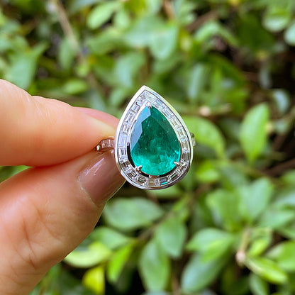 18K White Gold Statement Ring With 3.40 TCW Pear Shape Natural Emerald, GRS Certified